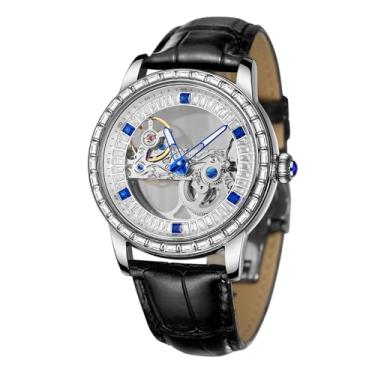 Imagem de FORSINING Relógio masculino automático, estilo popular, esqueleto com pulseira de couro genuíno, Branco e preto., Tendência