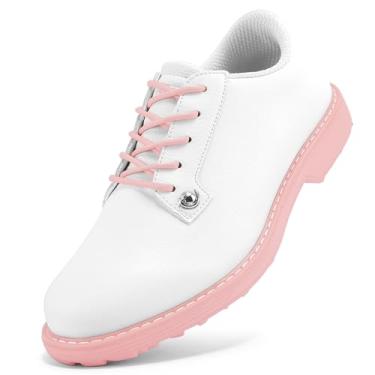 Imagem de ZHENSI Tênis de golfe feminino de couro com cadarço antiderrapante à prova d'água para caminhadas casuais ao ar livre, Rosa, 41 BR