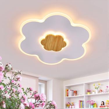 Imagem de TRUWELLA Luminária De Teto Led 19,7 Pol. Luminária De Berçário De Madeira Com Formato De Flor Regulável Com Controle Remoto 35 W Lâmpada De Teto Infantil Para Quarto Infantil Berçário Quarto Sala De