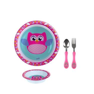 Imagem de Kit Prato Raso Fundo + Talher Inox Infantil Personagem - Arts, Coruja