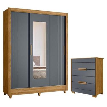 Imagem de Guarda Roupa Casal Bolívia e Cômoda Dhara Freijó Cinza  Moval