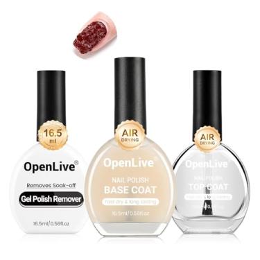 Imagem de OpenLive 3 peças 16,5 ml secagem rápida base e top coat e removedor de gel de unha conjunto base e top coat sem cura de lâmpada em U V, removedor de esmalte de gel para remoção rápida e fácil em casa
