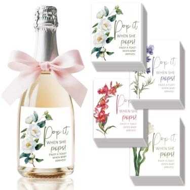 Imagem de SUPERDANT Etiquetas de vinho para garrafas, 10 conjuntos de 4 estilos, etiquetas para chá de bebê, garrafa de vinho, adesivos de flores, pop it when she pops, etiquetas de garrafas de vinho, presentes