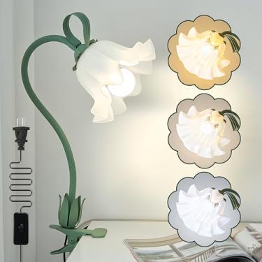 Imagem de DSYHYL Luminária De Cabeceira Com Prendedor De Flores, Luminária De Cabeceira Fofa, 3 Modos De Cores, Luz De Leitura Para Cama, Luz De Pescoço De Ganso Flexível, Luminária De Mesa Led Vintage Que Cu