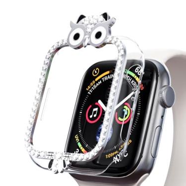 Imagem de AKABEILA Compatível com Apple Watch 4/5/6/SE 44 mm, capa protetora feminina Gils Glitter diamante strass bumper para iWatch Smartwatch acessórios coruja - Prata