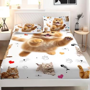 Imagem de AILONEN Jogo de lençol solteiro com elástico e gato Kawaii, 3 peças, 1 lençol com elástico e 2 fronhas, desenho animado
