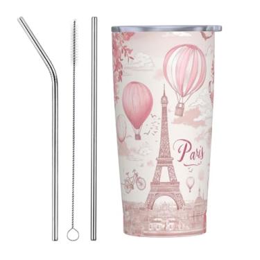 Imagem de FyLybois Copo Torre Eiffel Paris com tampa e canudo Caneca de café de viagem de 590 ml Copo isolado a vácuo de parede dupla à prova de vazamento para bebidas quentes e frias