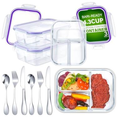 Imagem de Blushtier 12 recipientes de controle de porção de vidro de 1000 ml com 3 conjuntos de facas, garfos, colheres, 3 compartimentos para armazenamento de alimentos, lancheira bariátrica para preparação de