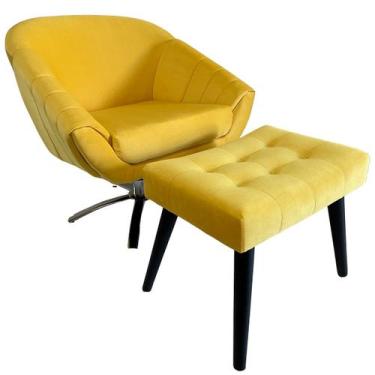 Imagem de Kit Poltrona Giovana Giratória Cromado, Puff Capitonê Luxo e Almofadas