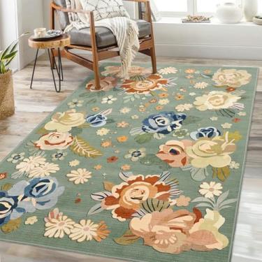 Imagem de Castage Tapete floral verde 7 x 12 cm, tapetes laváveis Boho para quarto, sala de estar, cozinha, entrada, cabeceira, pequeno, vintage, fazenda, boêmio, oriental, antiderrapante