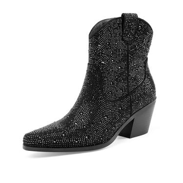 Imagem de Oh Mispares Botas De Cowboy Femininas Com Strass Preto Brilhante E Glitter, Bico Fino, Salto Baixo, Botinhas De Cowboy Com Zíper (Preto-Preto, 8)