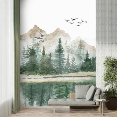 Imagem de Sufeasdf Papel de parede floresta mural verde sálvia montanhas floresta autoadesivo papel de parede rústico natureza paisagem pinheiro decoração de parede Bedromm parede removível papel de contato 250