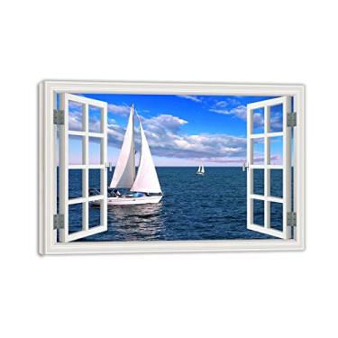 Imagem de Impressão em tela emoldurada de madeira para janela barco à vela paisagem marítima 3D falsa janela vista paisagem pintura natureza imagem impressão em tela arte de parede para sala de estar 40 x 60 cm
