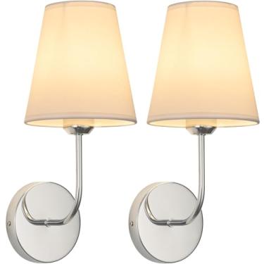 Imagem de LEECOORA Arandelas de parede modernas com fio, conjunto de 5 cm cromado ou níquel polido com persianas de tecido branco, luz de fazenda, sala de estar, corredor, banheiro, penteadeira ou escada