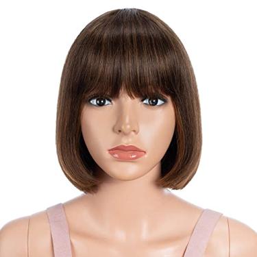 Imagem de Joedir Short Bob Peruca reta preta com franja 100% cabelo humano peruca para mulheres 20 cm peruca bob curta natural procurando para uso diário (cor marrom mista)