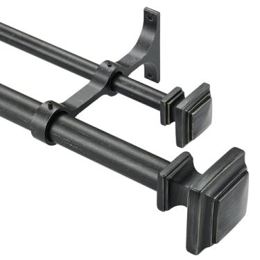 Imagem de Lwiiom Varões de cortina de madeira duplos para janelas de 91 a 182 cm, varão decorativo de cortina de madeira de 2,5 cm com acabamentos quadrados de imitação de grão de madeira e suporte duplo de