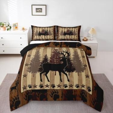 Imagem de jejeloiu Conjunto de edredom infantil, tamanho king, caça, veado, casa de fazenda, animais selvagens, urso, patas, rústica, cabana de madeira, floresta ocidental, vida selvagem, edredom para decoração