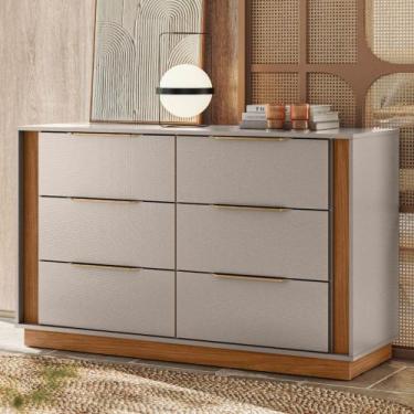 Imagem de Cômoda Quarto 130cm Casal com 6 Gavetas Dino Nogueira/Nude D02 - Mpoze