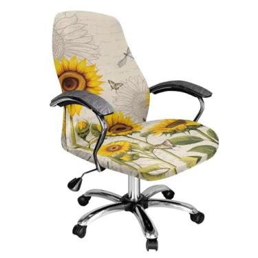 Imagem de Xoenoiee Capa de cadeira de escritório elástica com estampa de libélula de borboleta e girassol, capa para cadeira de computador para apoio de braço, capa de cadeira giratória universal, protetor de