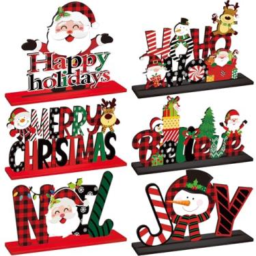 Imagem de Hoolerry 6 peças de decorações de mesa de Natal de madeira boneco de neve Papai Noel mesa de Natal centro de mesa rena Noel Joy Believe Merry xadrez e tiras de Natal decoração de mesa