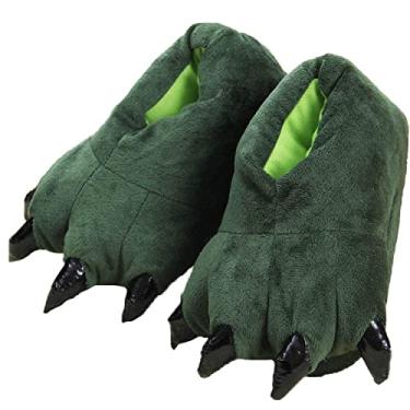 Imagem de YUNZLAN Pantufa unissex de pata de animal para homens, mulheres, meninos, meninas, chinelos domésticos de pelúcia de inverno com sola antiderrapante, cosplay, Verde, X-Large