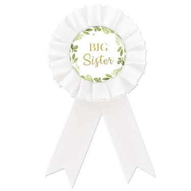 Imagem de Broche branco de crachá de folha de flandres da Big Sister, broches de botão de revelação de gênero de vegetação para menina, fita de aniversário de meninas, botões de roseta de folhas de eucalipto