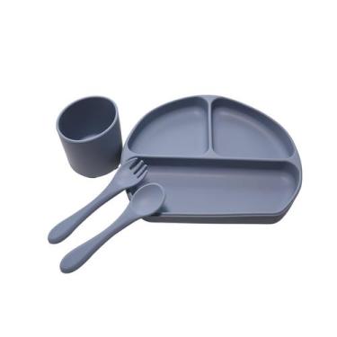 Imagem de Kit 4 Peças Alimentação Bebê Silicone Prato Copo Garfo e Colher cinza 