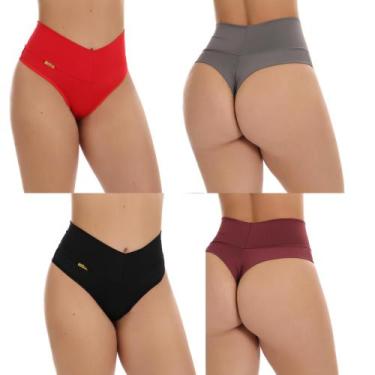 Imagem de Kit 4 Calcinha Cinta Modeladora Conforto Cós Alto Fio Dental Duplo Cin