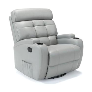 Imagem de Poltrona do papai Reclinável Manual Com base Giratória e Balanço em Couro Bovino (Cinza Griggio)