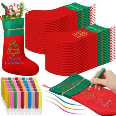 Imagem de Craftsatin 60 peças de meias de feltro de Natal de 38 cm e 60 peças de canetas com glitter de 10 cores, enfeites de pendurar para pendurar com punho branco para bricolage (vermelho verde)