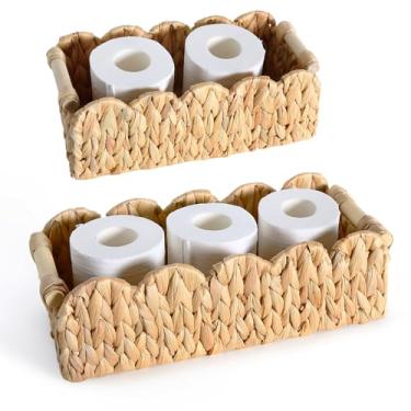 Imagem de Quincry Cesta organizadora de borda recortada para vaso sanitário com alça de madeira, armazenamento de vime acima atrás do vaso sanitário, corda de papel tecida à mão na parte de trás da bandeja de