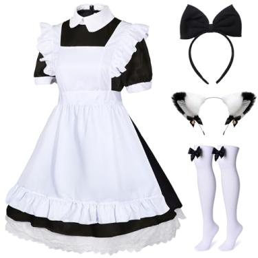 Imagem de BAOPLAYKIDS Conjunto de 5 peças de anime japonês Lolita, avental de empregada francesa, fantasia, cosplay, fantasia, acessório para a cabeça, conjunto de meias para mulheres, preto, 2GG