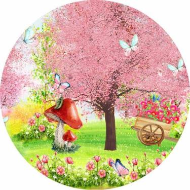 Imagem de Painel de Lona Redondo Floresta Aquarela Cerejeiras Cogumelo e Borbole