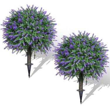 Imagem de AOKIIE Conjunto de 2 arbustos de topiaria de buxo lavanda artificial para uso externo com ponta de 56 cm, arbustos de vegetação sintética resistentes a UV, plantas de buxo falsas para decoração