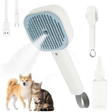 Imagem de Escova a vapor 3 em 1 para animais de estimação, escova de limpeza automática, pente de remoção de pelos de cães, recarregável, escova para cabelos longos e curtos (azul)