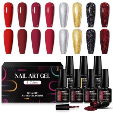 Imagem de MEET ACROSS Conjunto de esmalte de gel vermelho, 8 cores, coleção Bloody Mary, kit popular de esmalte de gel brilhante vermelho borgonha, design de arte de unhas, kit de unhas de gel UV LED de imersão