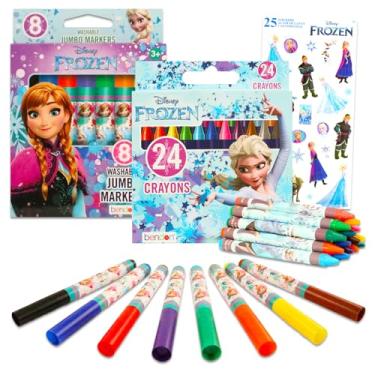 Imagem de Disney Conjunto de colorir Frozen para meninas – Pacote com 8 marcadores jumbo Frozen e 24 giz de cera congelados para colorir, artesanato, desenho e muito mais | Material escolar Frozen para crianças