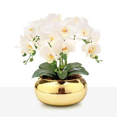 Imagem de Arranjo Orquídea Silicone Toque Real 6 Hastes Vaso Vidro Dourado Espel