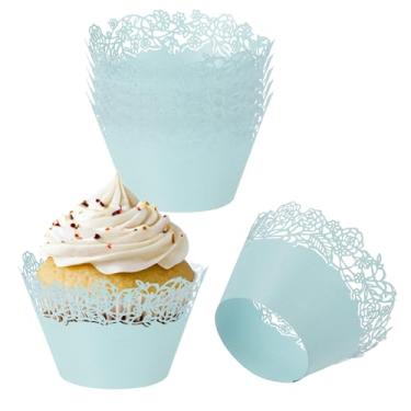 Imagem de PATIKIL Papel de embrulho de cupcake, pacote com 50 copos de cozimento, decoração padrão de rosas para aniversários, casamentos e festas, azul claro