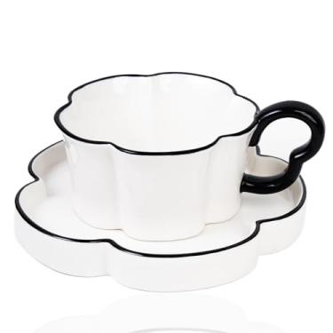 Imagem de JMCRATE Conjunto de xícara de chá e pires de cerâmica feito à mão com flor xícara de café para o Dia das Mães, Dia de Ação de Graças, casamento, presente de aniversário para mulheres, 240 ml, branco