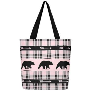 Imagem de Bolsa de lona Lodge Cabin Selvagem Animal Veado Decoração Estética Bolsas de Ombro para Compras Academia, Preto, rosa, 50x40
