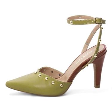 Imagem de Scarpin Feminino Bico Fino, Salto Alto 9cm, Tiras com Tachas Douradas, Napa (Verde, BR, Adulto, Numérico, 38)