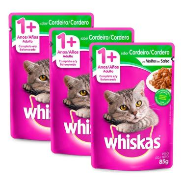 Imagem de Kit 3 Ração Úmida para Gatos Whiskas Adulto 1+ Anos Sabor Cordeiro ao Molho 85g