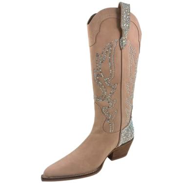 Imagem de ARIDER GIRL Gypsy Bota feminina estilo ocidental com strass bordado e salto de couro empilhado, Rosa, prata, 38
