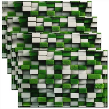 Imagem de Jogo americano Pixelated Miners Gamer Kids conjunto de 4 tapetes de mesa com desenho animado de videogame, decoração de cozinha xadrez geométrico moderno, jogo americano verde branco decoração de mesa