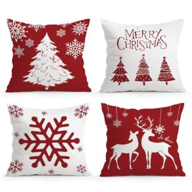 Imagem de BEWQ Conjunto de 4 capas de almofada vermelhas de Natal 45,7 x 45,7 cm, árvore de Natal, floco de neve, rena, capa de almofada para área externa para sofá-cama, sala de estar, casa, decoração de
