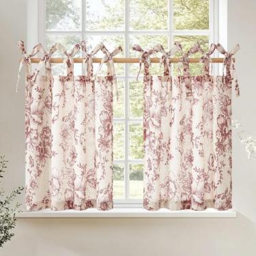 Imagem de Cortinas jinchan Floral Linen Tier 60 cm Farmhouse Cafe vermelho/bege