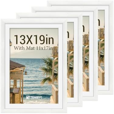 Imagem de Conjunto de porta-retratos de 33 x 48 cm - pacote com 4, molduras brancas de madeira maciça - vidro temperado - exibe fotos 28 x 43 com tapete ou 33 x 48 sem - decoração de quarto, escritório, galeria
