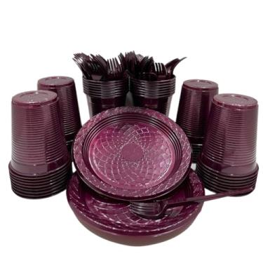 Imagem de Kit 300 Itens Festa Aniversário Descartáveis Plástico Colorido Perolado 100 Pessoas Completo Pratinho Garfinhos Copos (Marsala Perolado)