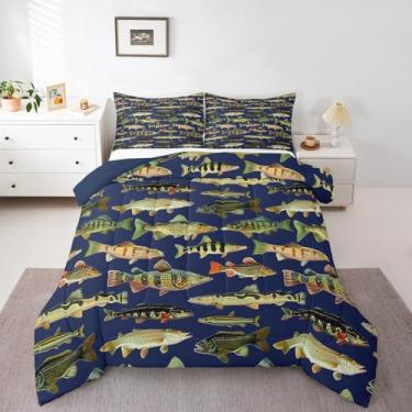 Imagem de Feelyou Conjunto de edredom solteiro de peixe robalo, para pesca e caça, para crianças, meninos, meninas, decoração rústica, campo, edredom, respirável, macio, leve, microfibra para decoração de